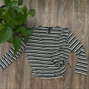 Forever 21 Black, White, and Gray Striped Wrap 3/4 Sleeve Top Womens Large